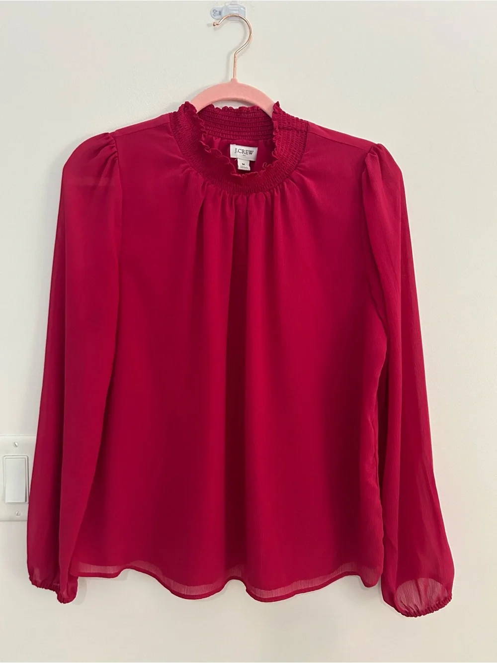 J.Crew Womens M Raspberry Red Chiffon Blouse Smocked Ruffle Neck Long Sleeve